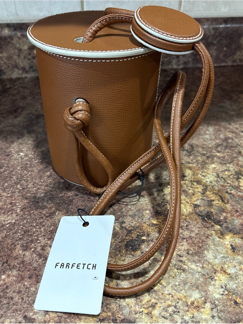 NWT Yuzefi Cubito cinnamon pebbled leather cylindrical bucket bag crossbody